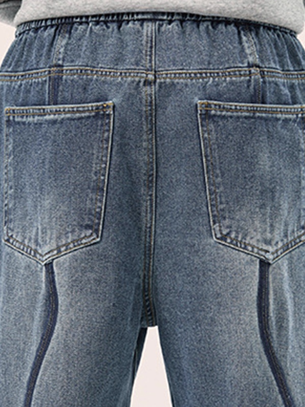 Men's Vintage Top-stitching Drawstring Loose Jeans-6