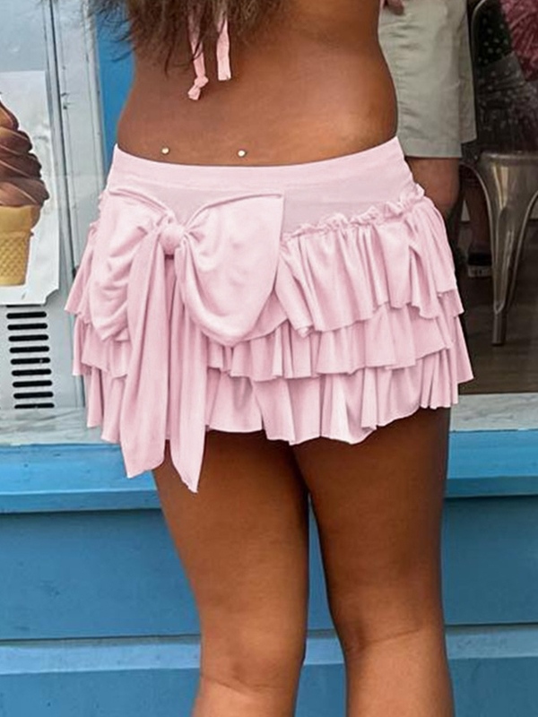 Solid Bow Splice Low Rise Tiered Mini Skirt-2