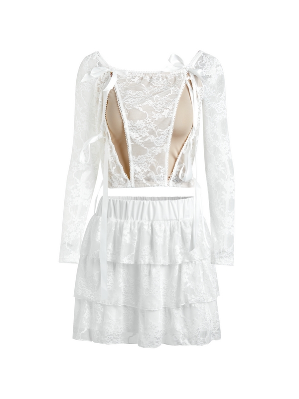 Lace Off Shoulder Tie Front Long Sleeve Tee&Tiered Skirt Set-5