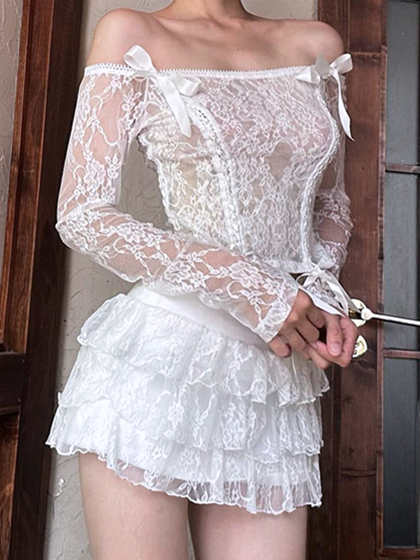 Lace Off Shoulder Tie Front Long Sleeve Tee&Tiered Skirt Set-4