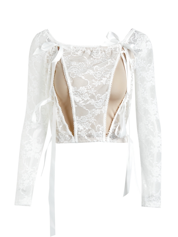 Lace Off Shoulder Tie Front Long Sleeve Tee&Tiered Skirt Set-6