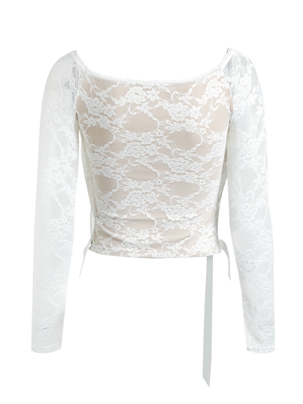 Lace Off Shoulder Tie Front Long Sleeve Tee&Tiered Skirt Set-8
