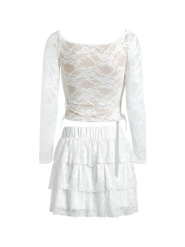 Lace Off Shoulder Tie Front Long Sleeve Tee&Tiered Skirt Set-7