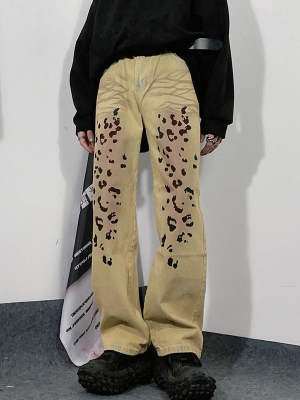 Men's Vintage Wash Leopard Straight Leg Jeans-4