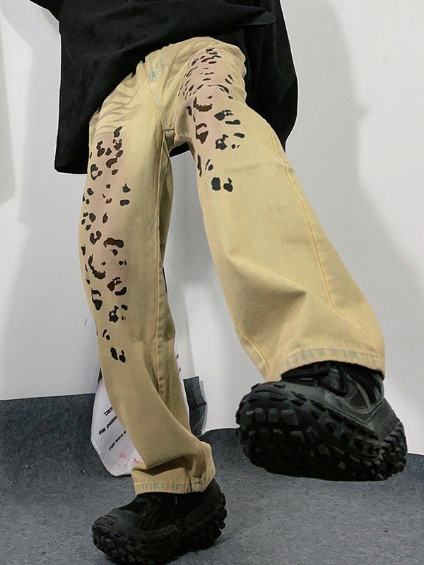 Men's Vintage Wash Leopard Straight Leg Jeans-3