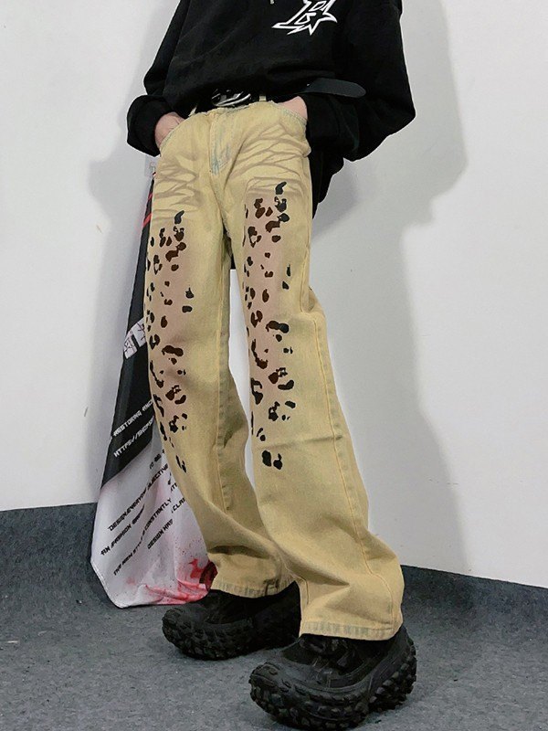 Men's Vintage Wash Leopard Straight Leg Jeans-1