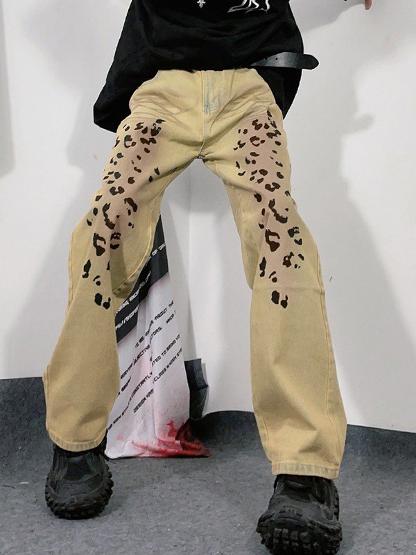 Men's Vintage Wash Leopard Straight Leg Jeans-2