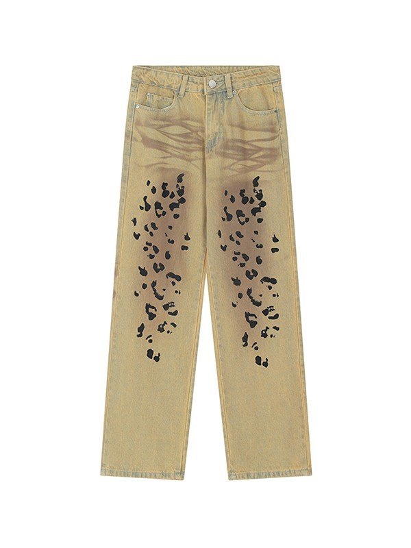 Men's Vintage Wash Leopard Straight Leg Jeans-5