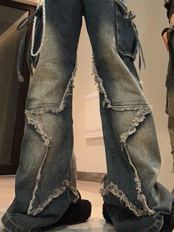 Hip Pop Multi Pocket Raw Trim Tie Up Cargo Jeans-3