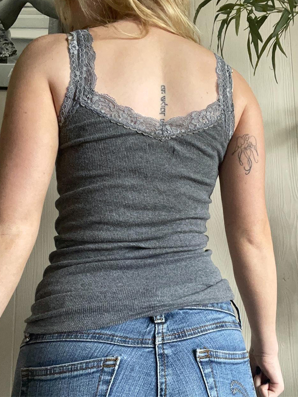 Dark Wind Wings Printing Lace Trim Gray Tank Top-1