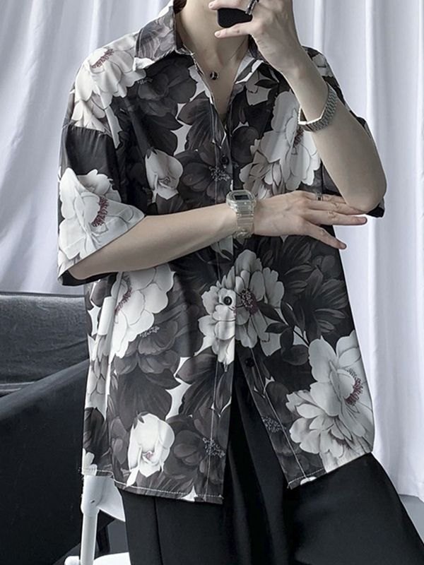 Men's Floral Print Buttoned Shirt-5