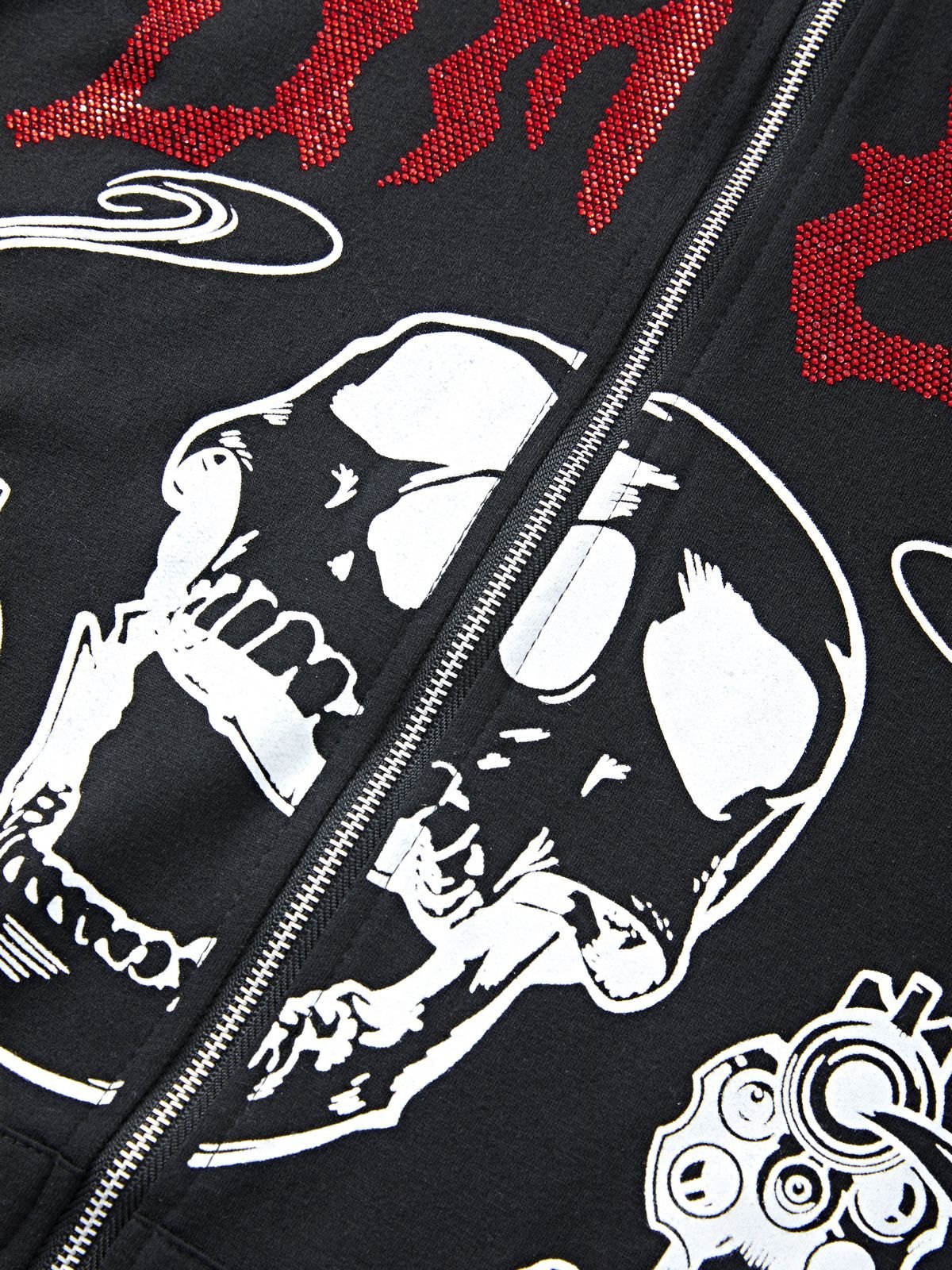 Men's Rhinestone Letter Skull Black Zip Up Hoodie-3