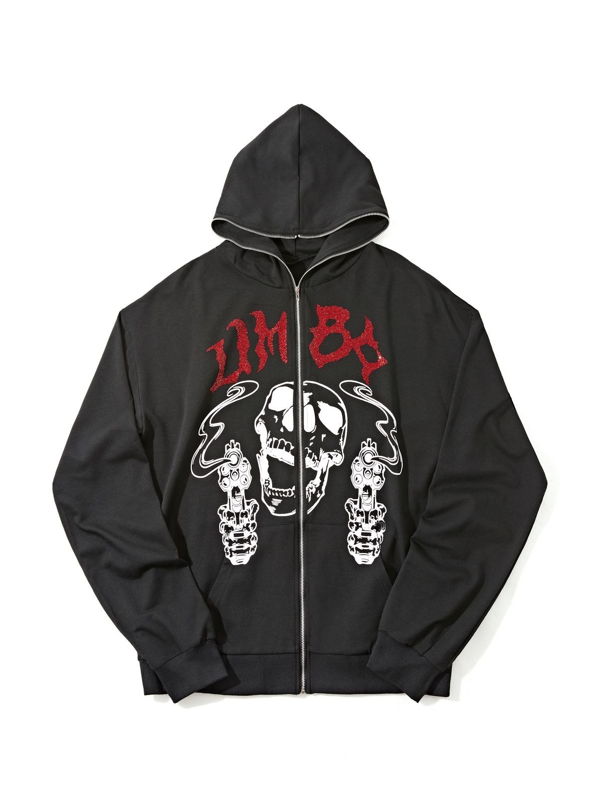 Men's Rhinestone Letter Skull Black Zip Up Hoodie-2