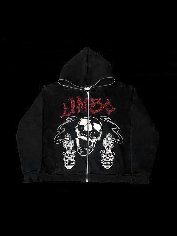 Men's Rhinestone Letter Skull Black Zip Up Hoodie-1