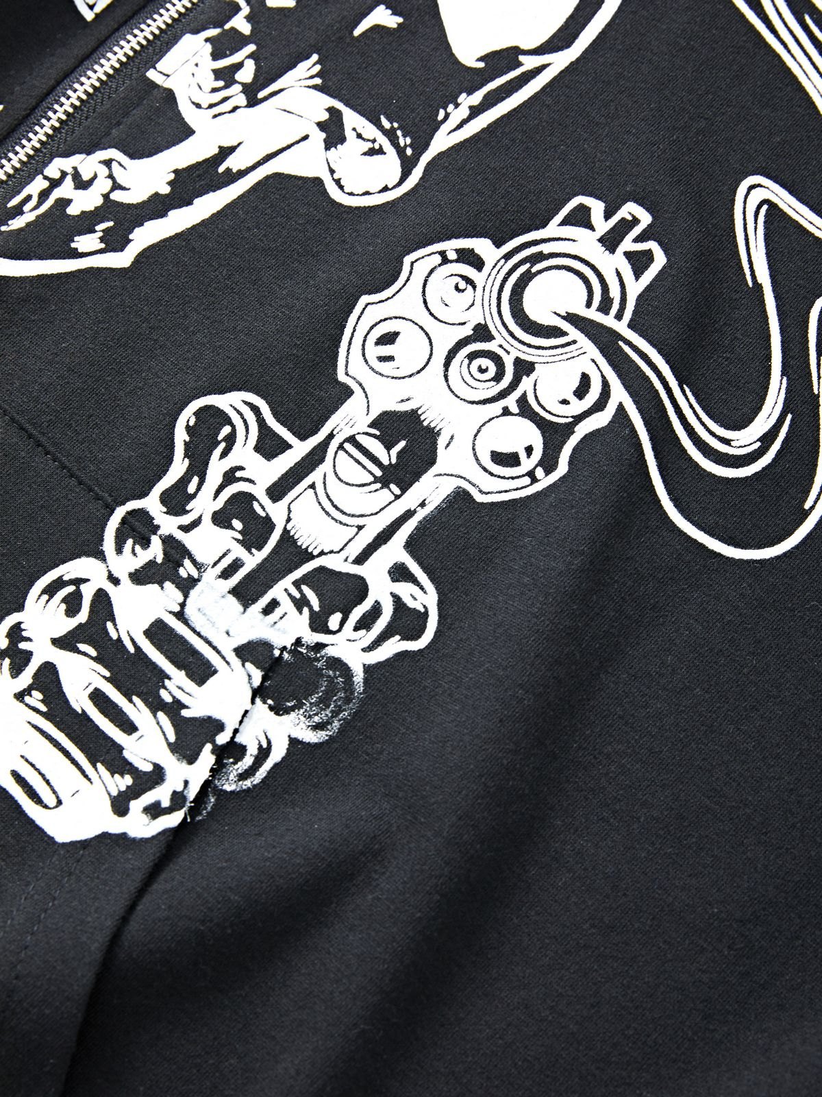 Men's Rhinestone Letter Skull Black Zip Up Hoodie-4