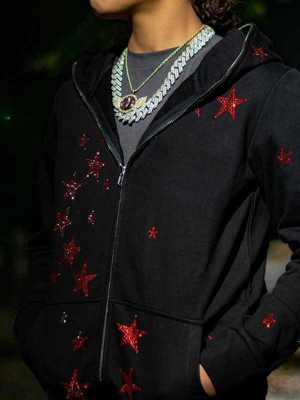 Men's Star Rhinestone Print Zip Up Oversized Hoodie-2