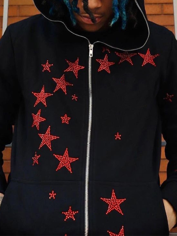 Men's Star Rhinestone Print Zip Up Oversized Hoodie-1