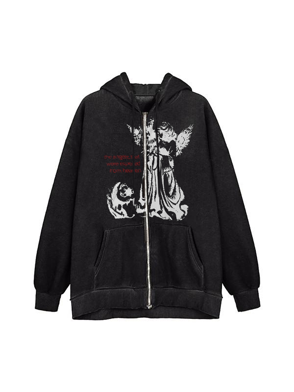 Vintage Character Print Zip Up Oversized Hoodie-1
