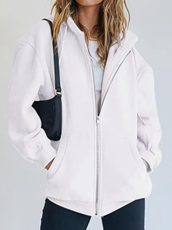 Solid Drawstring Zip Up Oversized Hoodie-1