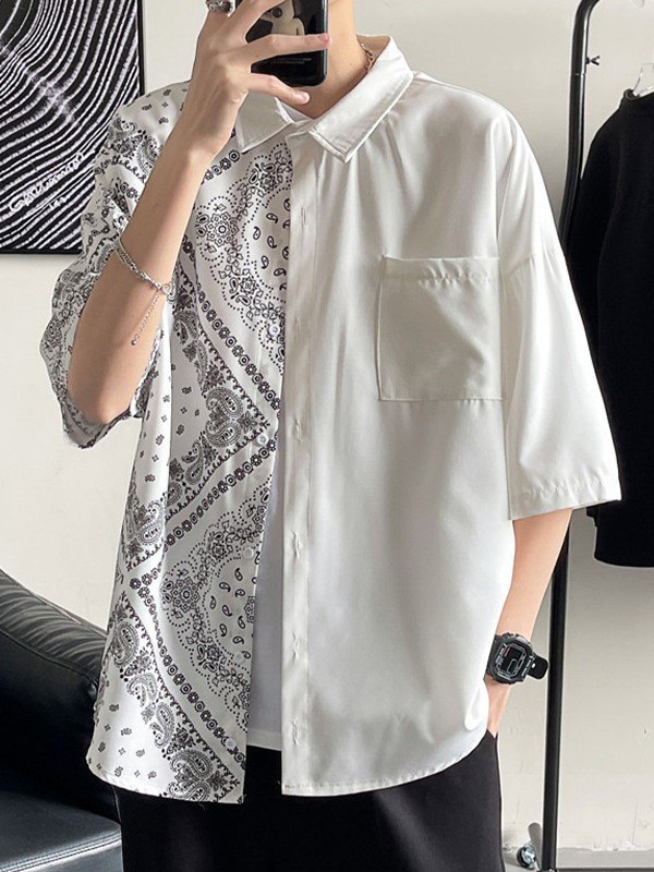 Men's Patchwork Paisley Print Pocket Shirt-1