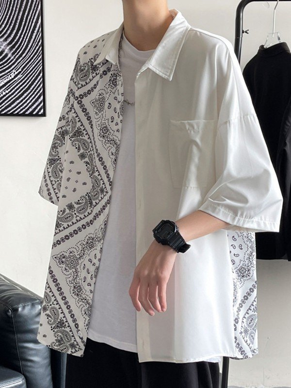Men's Patchwork Paisley Print Pocket Shirt-3