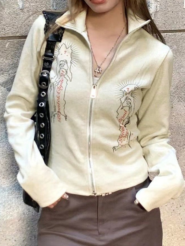 Vintage Print Lapel Neck Zip Up Long Sleeve Knit-1