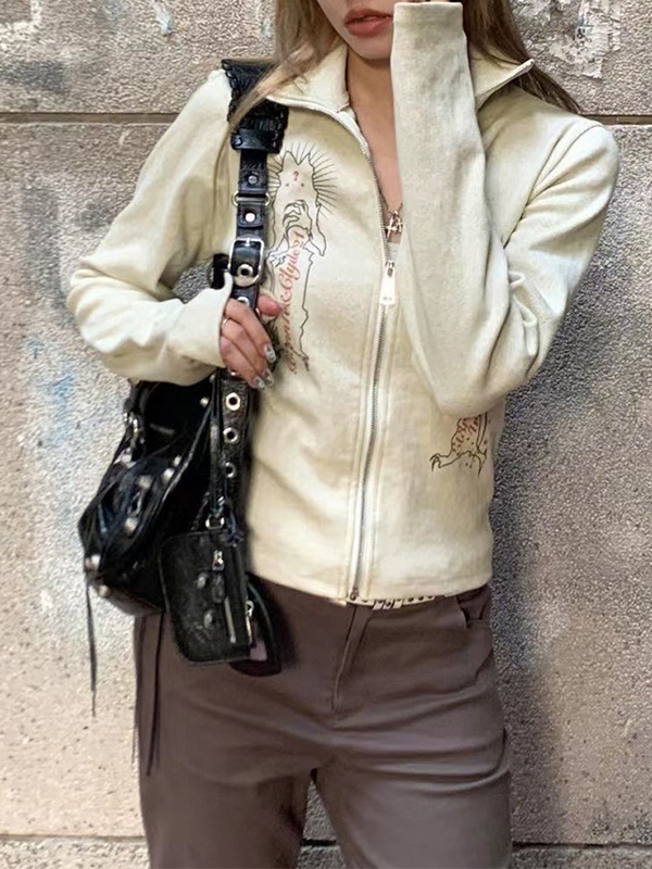 Vintage Print Lapel Neck Zip Up Long Sleeve Knit-2