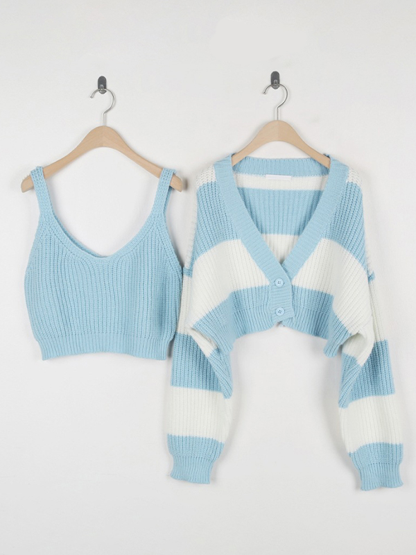 Stripe Splice Short Knit Cardigan-2