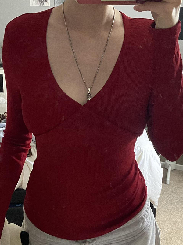 Solid Color Rib V Neck Slim Long Sleeve Knit-1