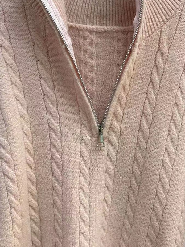 Vintage Lapel Neck Cable Half Zip Knit Sweater-2