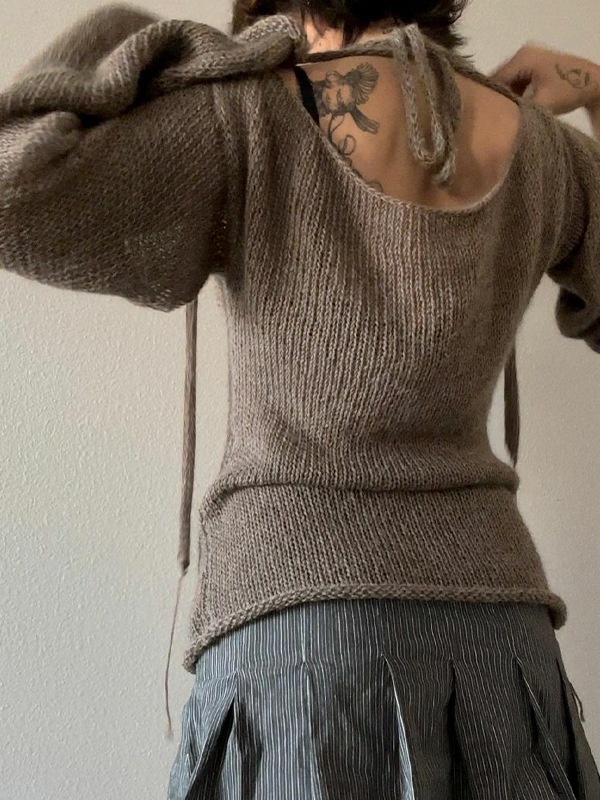Contrast Color Cross Jacquard Rolled Design Long Sleeve Knit-1