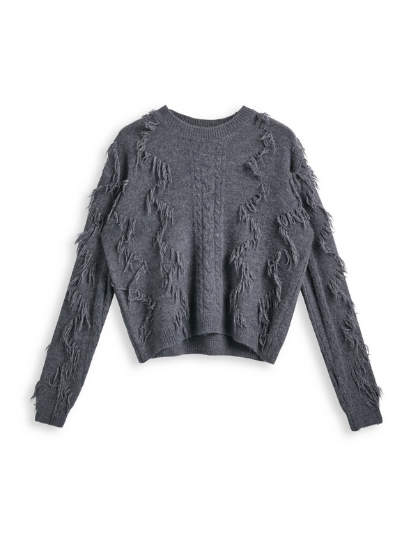 Solid Tassel Cable Knit Sweater-3