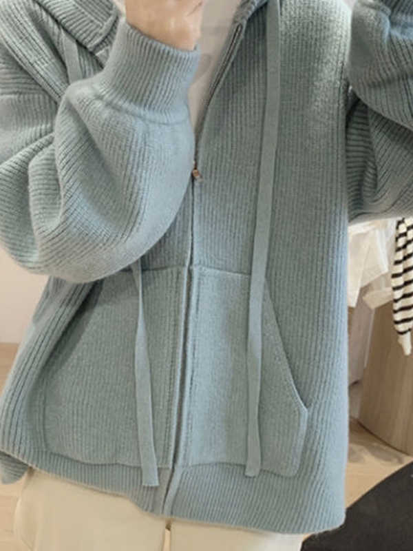 Solid Hooded Zip Up Knit Cardigan-1