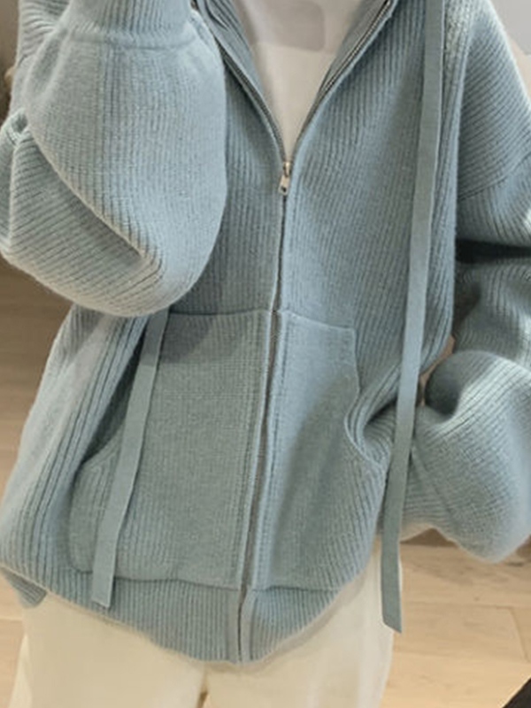 Solid Hooded Zip Up Knit Cardigan-2