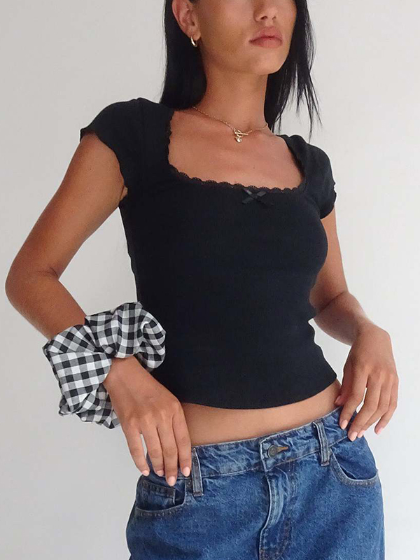 Lace Trim Square Neck Short Sleeve Knit-1