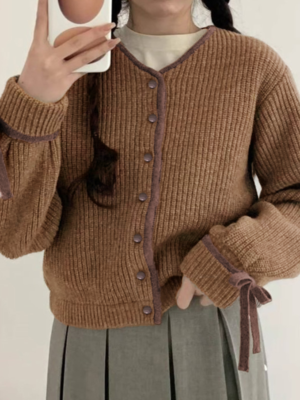 Contrast Trim Bow Decor Knit Cardigan-1